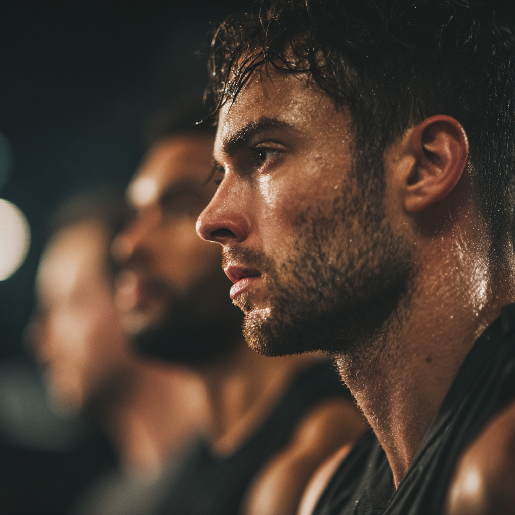 Group of motivated men supporting each other during intense training in modern fitness facility