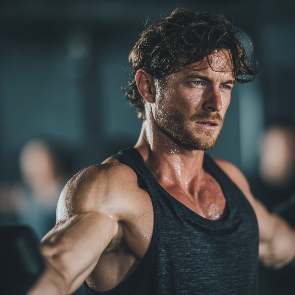 Motivated man in athletic wear showing determination during strength training session