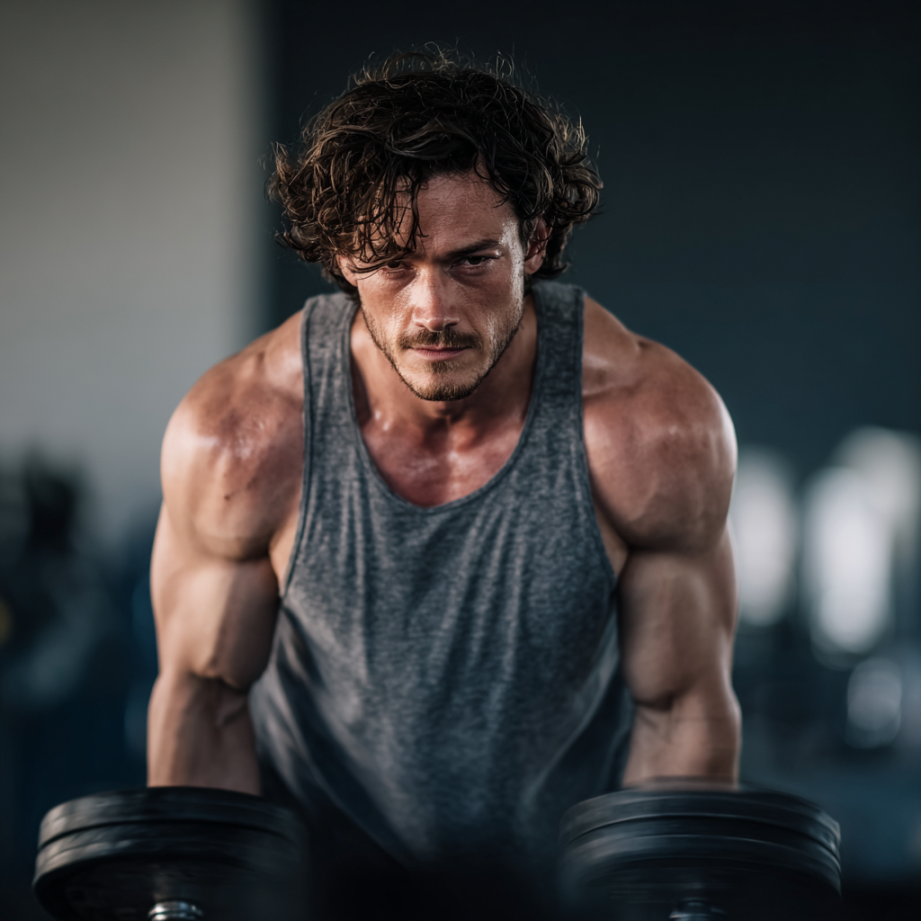 Strong focused man doing intense workout with weights in modern gym setting